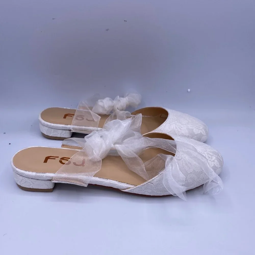 FSJ White Round Toe Low Heels Flat Lace Up Wedding - Picture 3 of 8